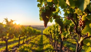 Experience Clarksburg, CA, with picturesque vineyards bathed in golden hour light.