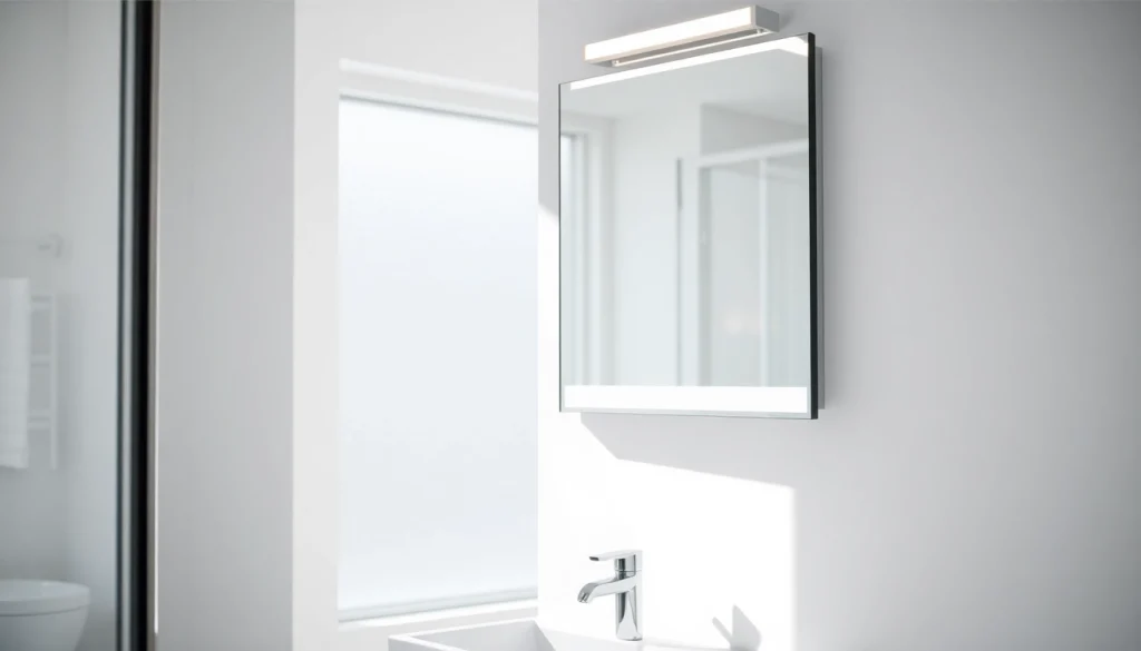 Illuminated bathroom mirror with led light enhances modern decor and stylish interiors.