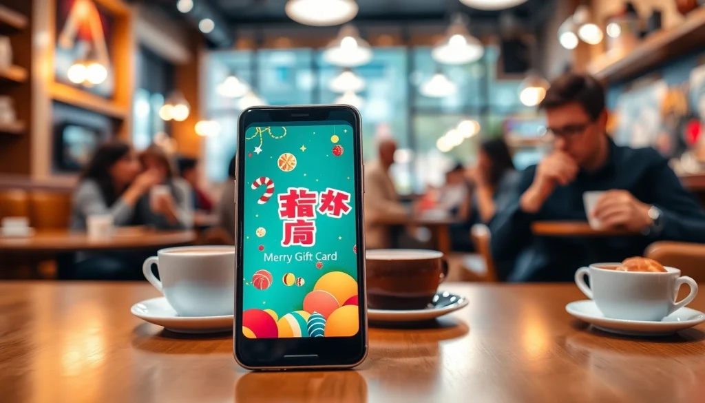 기프티콘을 스마트폰에서 전송하는 모습, 카페의 아늑한 분위기 속에서 즐기는 장면