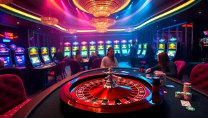 Experience the thrill of MK 8 casino gaming with a vibrant roulette wheel and excited players.