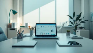 一个创新的办公工作区，在时尚的笔记本电脑上展示 WPS 下载，强调 2025 年的生产力。