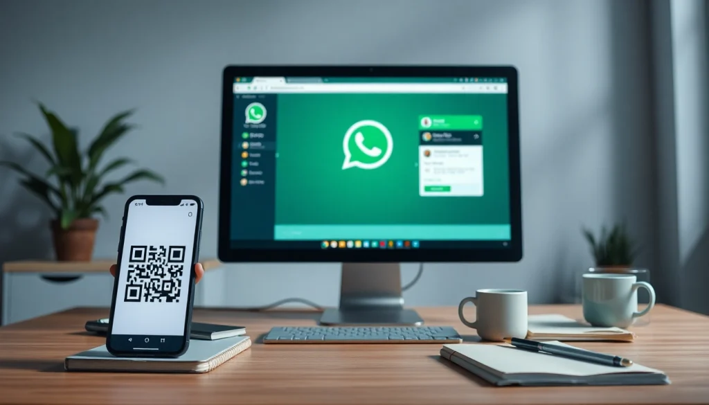 展示数字连接的现代工作空间，屏幕上显示 WhatsApp Web 界面。
