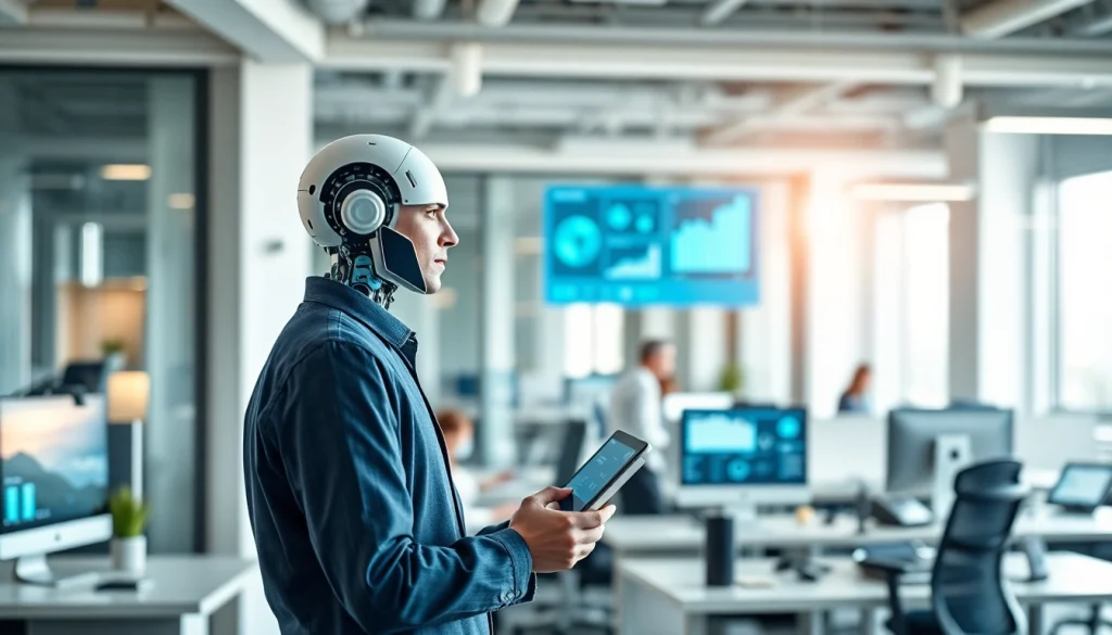 AI Employee working efficiently at a digital desk in a modern office, showcasing productivity.