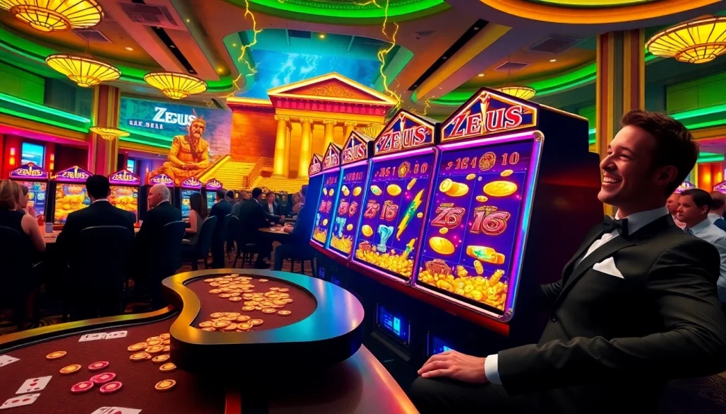 Rasakan sensasi bermain Slot Zeus dengan suasana kasino yang hidup menampilkan mesin slot bertema Zeus yang megah.