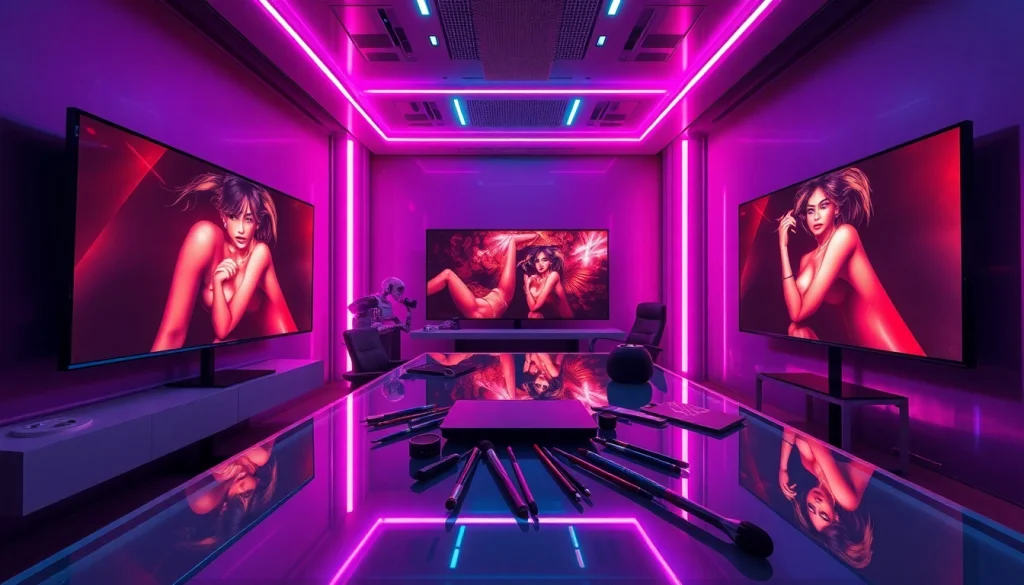 Futuristic digital art studio creating ai nsfw art with neon lighting and modern technology.