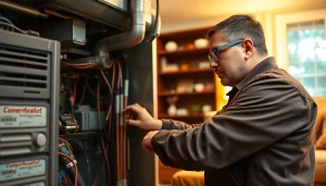 Professional HVAC technician performing heating repair waccabuc in a cozy home setting.