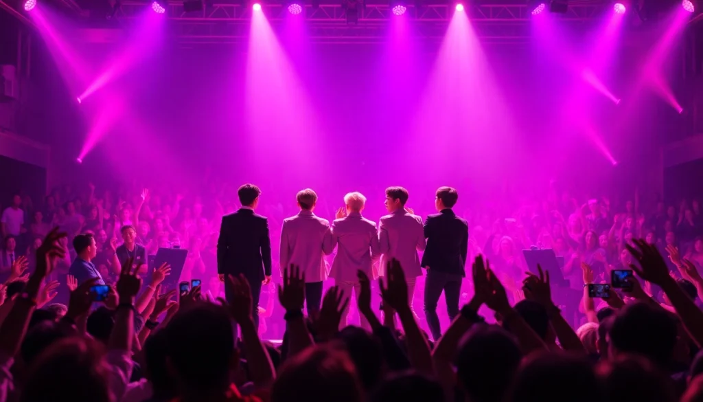 BTS news highlights vibrant concert performance with fans cheering and colorful lights.
