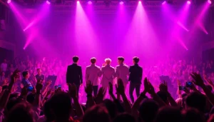 BTS news highlights vibrant concert performance with fans cheering and colorful lights.