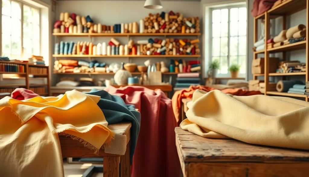 Bekijk verschillende canvas stoffen met levendige kleuren in een zonovergoten werkplaats.