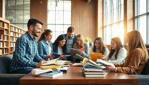 Group studying with focus in the exam assistance industry, illustrating collaboration and teamwork.