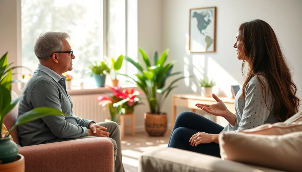 Illustration of a therapist discussing anxiety symptoms with a patient in a tranquil setting.
