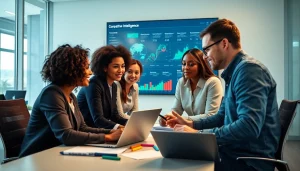 Illustration depicting competitive intelligence faqs through a focused team discussion.