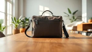 Abschließbare Handytasche auf einem eleganten Tisch aus Holz.