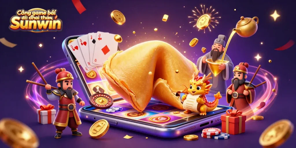 Cổng game bài đổi thưởng Sunwin offers vibrant gaming with golden coins erupting, slot games, and festive characters.