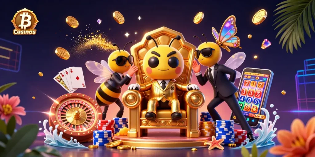 Célébrez les gains avec les Bitcoin casinos, où un boss abeille rencontre des trésors étincelants.