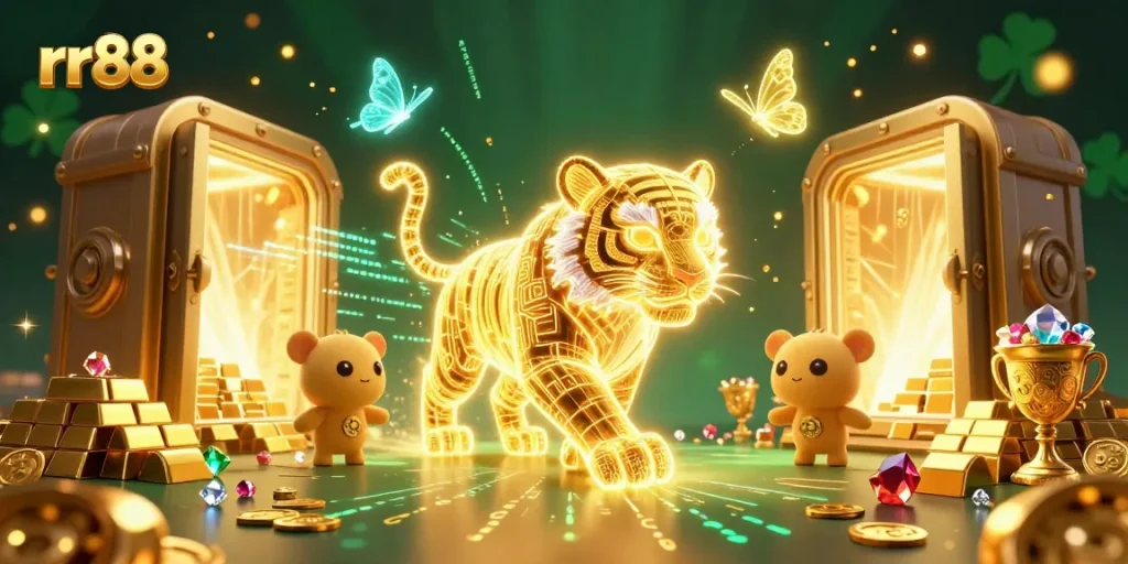 Experience the thrill at rr88 with our vibrant casino scene, featuring a golden tiger amid dazzling treasures.