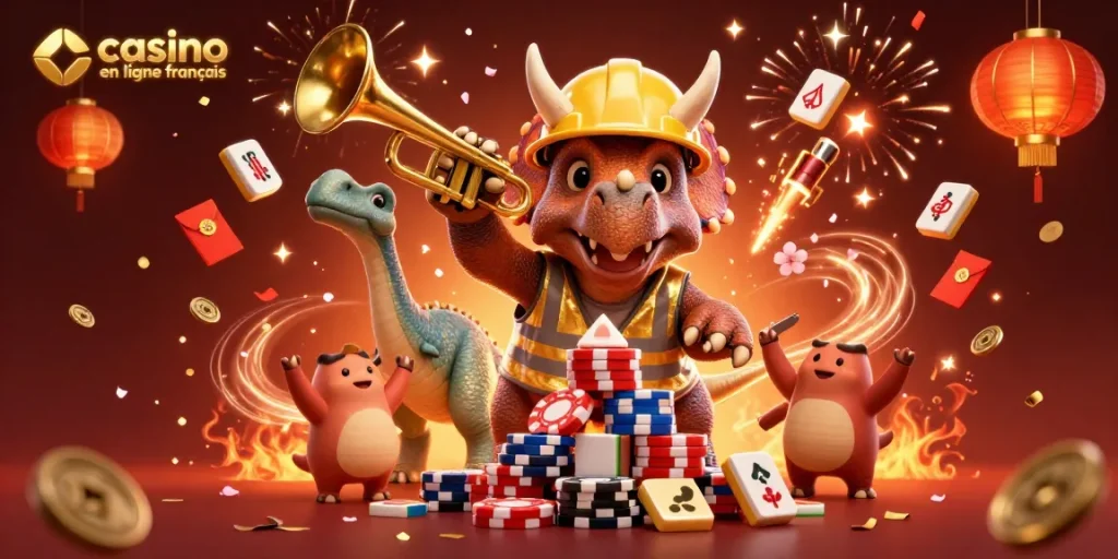 Jouer au casino en ligne français avec des dinosaures savoureux construisant une pyramide de jetons