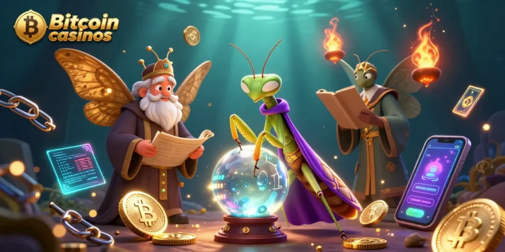 Jouez aux Bitcoin casinos avec des créatures mystiques et des pièces flottantes illuminées.