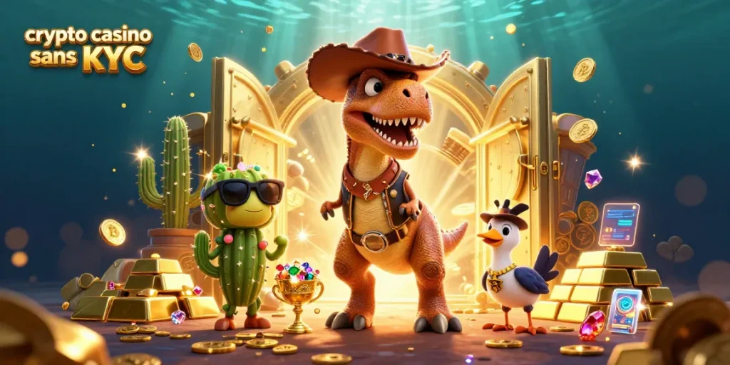 Un casino crypto sans KYC où un dinosaure cowboy, un cactus et un oiseau de route explorent des trésors.